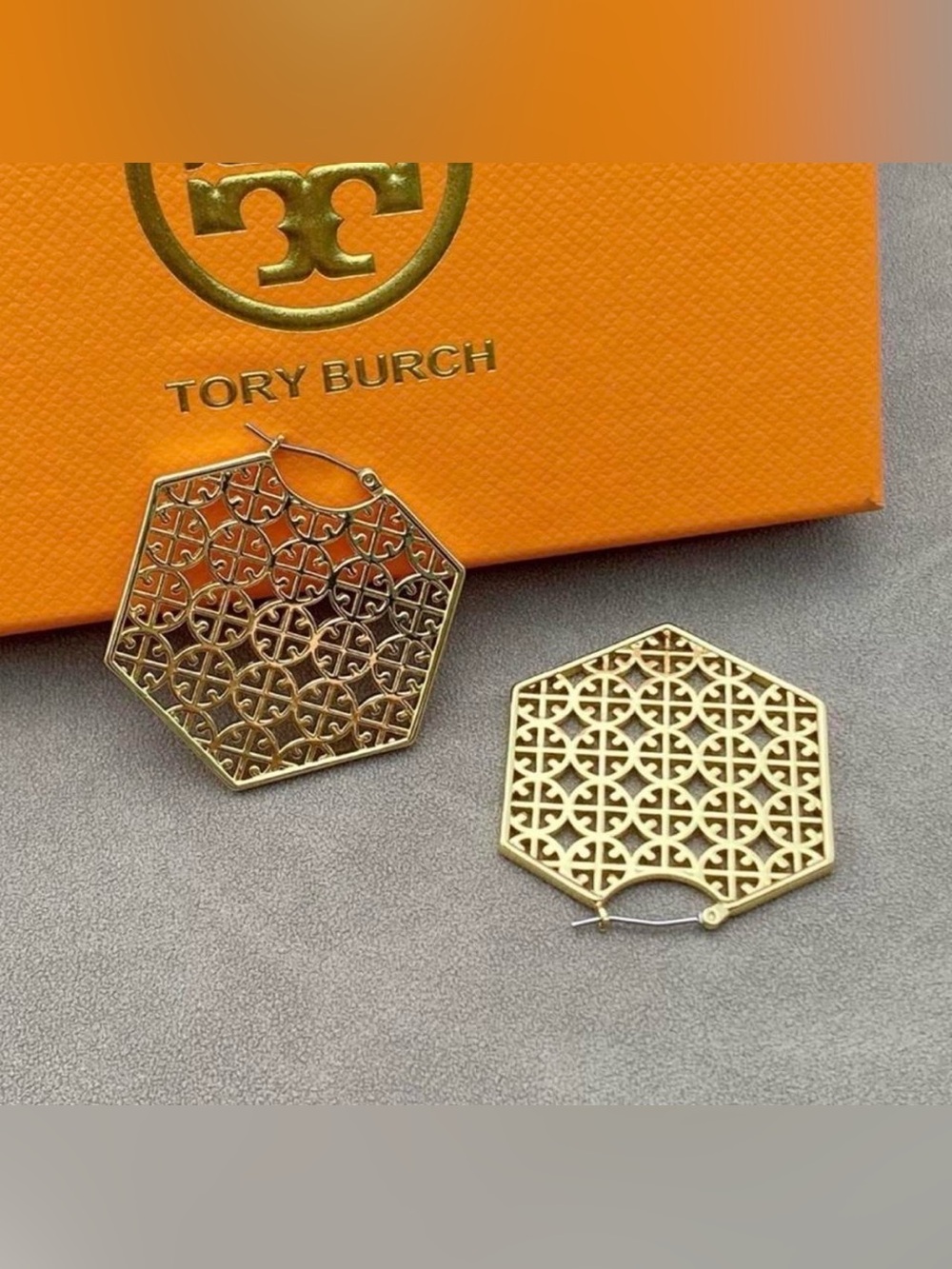Tory Burch Gold Hexagonal Filigree Hoop Earrings